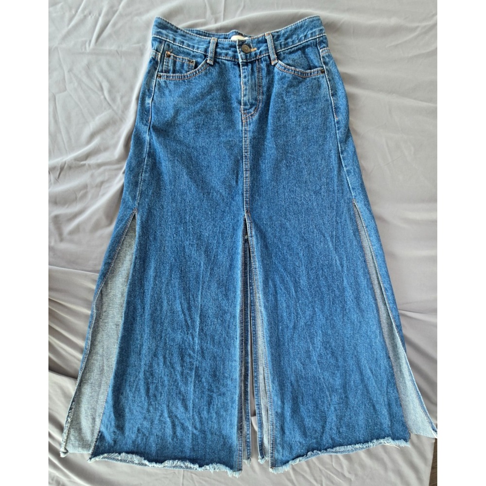 Oak Fort Denim Maxi Skirt Four Slits A-line Medium Wash Sz S Y2K Korean Made
